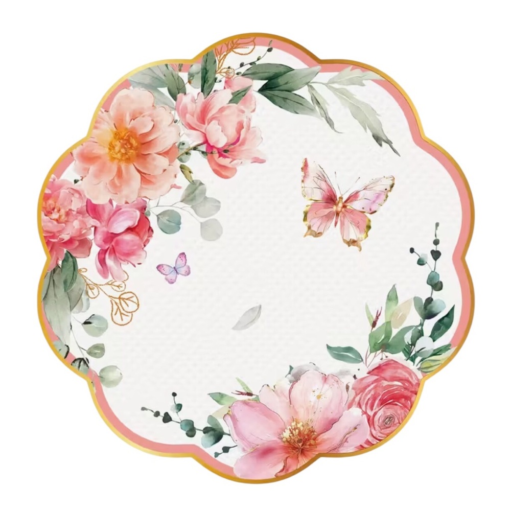 Two (2) INDIVIDUAL Floral Butterfly Scalloped Luncheon Napkins with Gold Trim